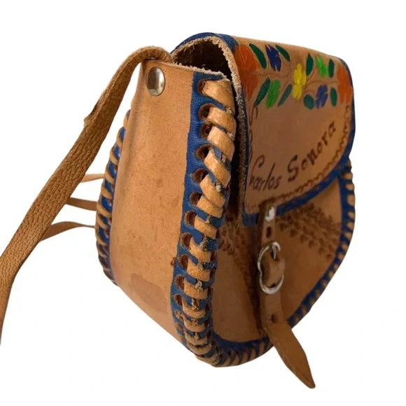 Authentic San Carlos Sonora Mexican  Handcrafted Leather Crossbody Bag Floral - Picture 4 of 12